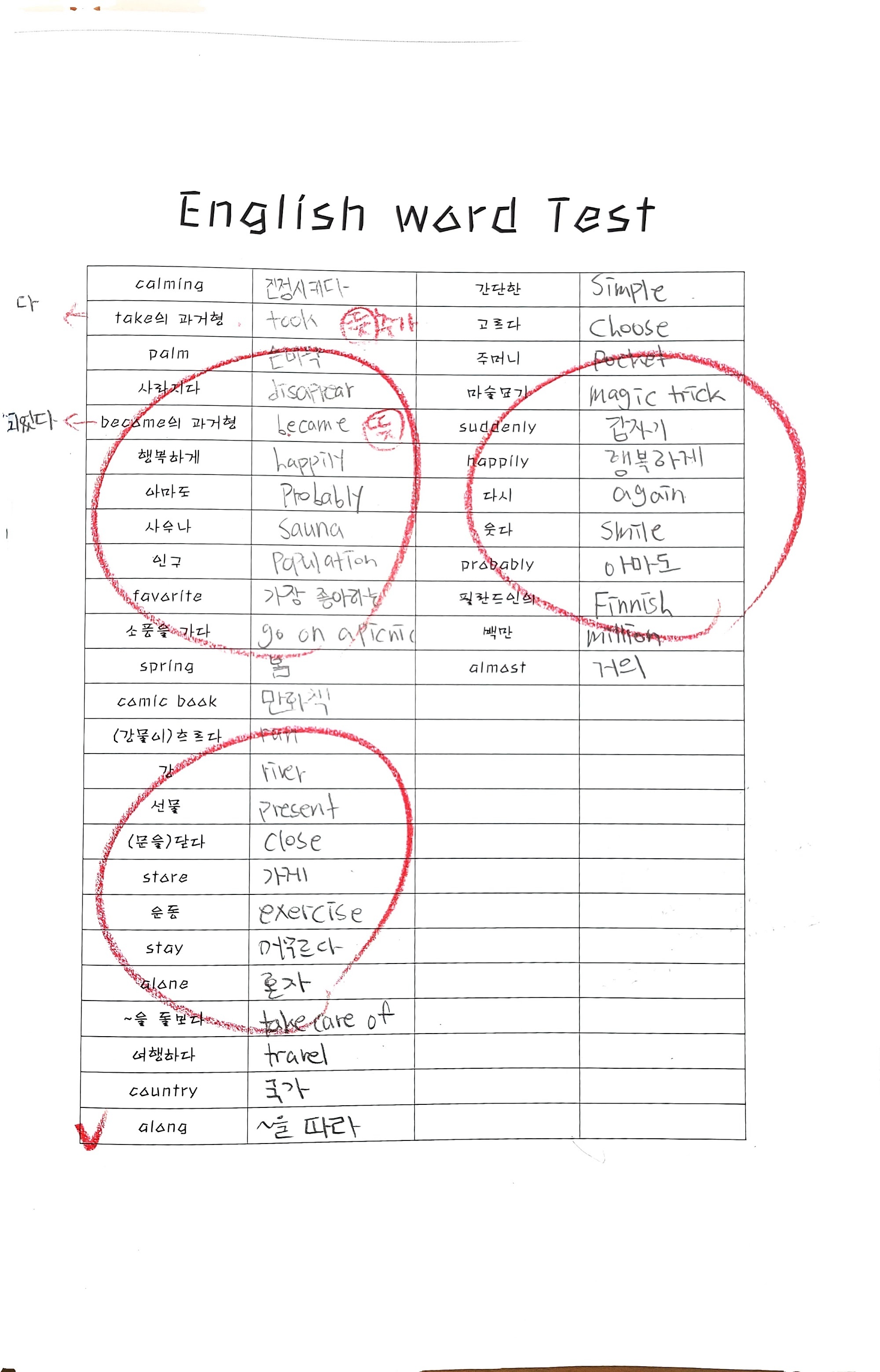 흥덕점 영어 단어 시험지 — 영어와 우리말 뜻을 양방향으로 확인하고 틀린 단어를 빨간 펜으로 묶어 표시한 모습