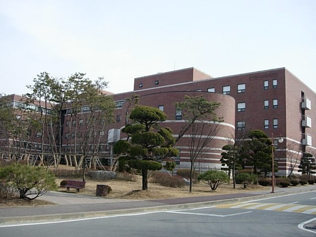 충남 천안 남서울대학교 인문사회학관 — 소나무와 정원수 앞에 선 붉은 벽돌의 둥근 외벽 건물
